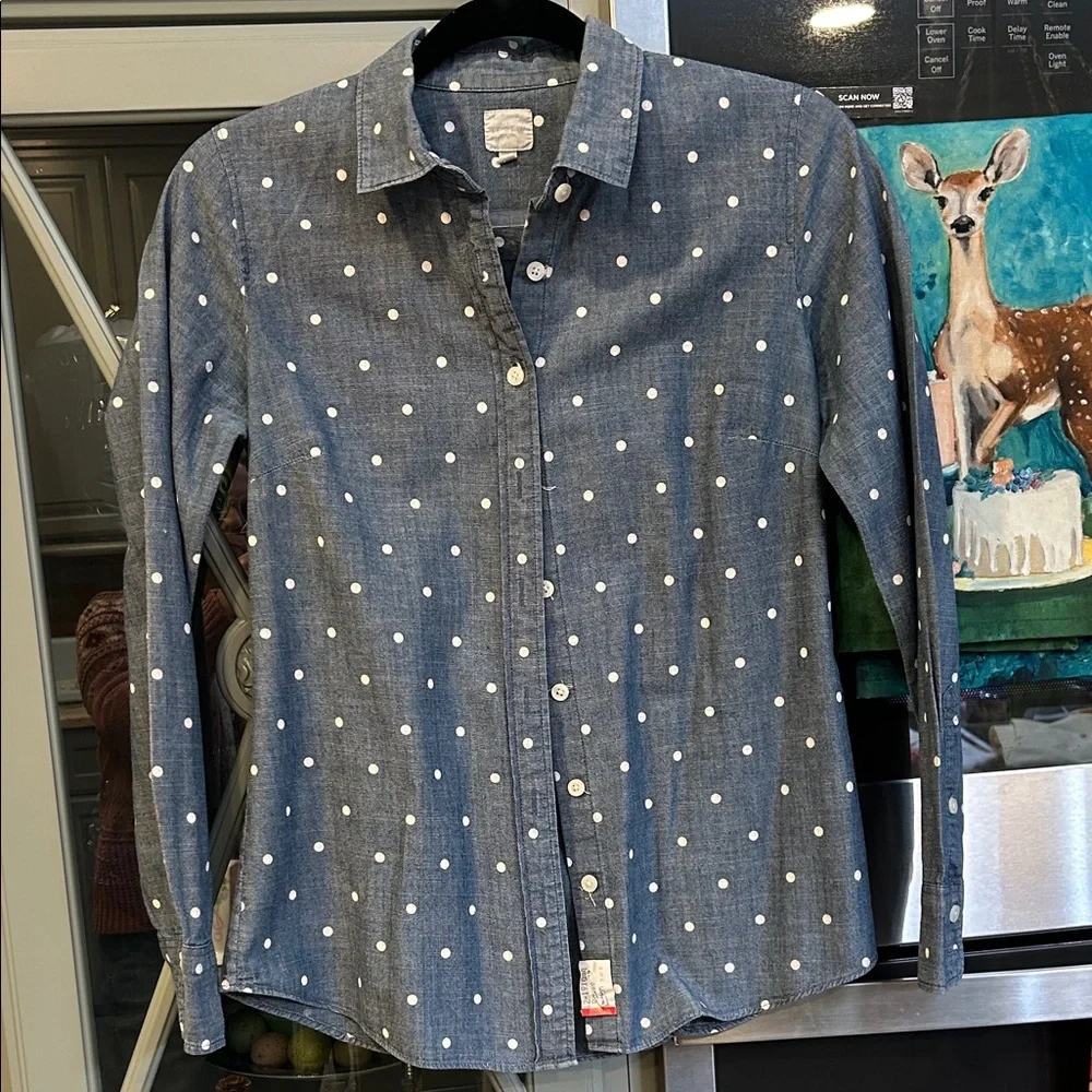 Vintage J. Crew Blue Polka Dot Chambray Button Down Shirt XS